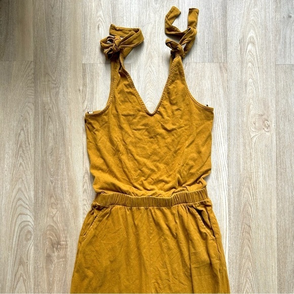 Pact Organic Mustard Yellow Tie Sleeve Jumpsuit - Sustainable V-Neck One Piece - Picture 2 of 8